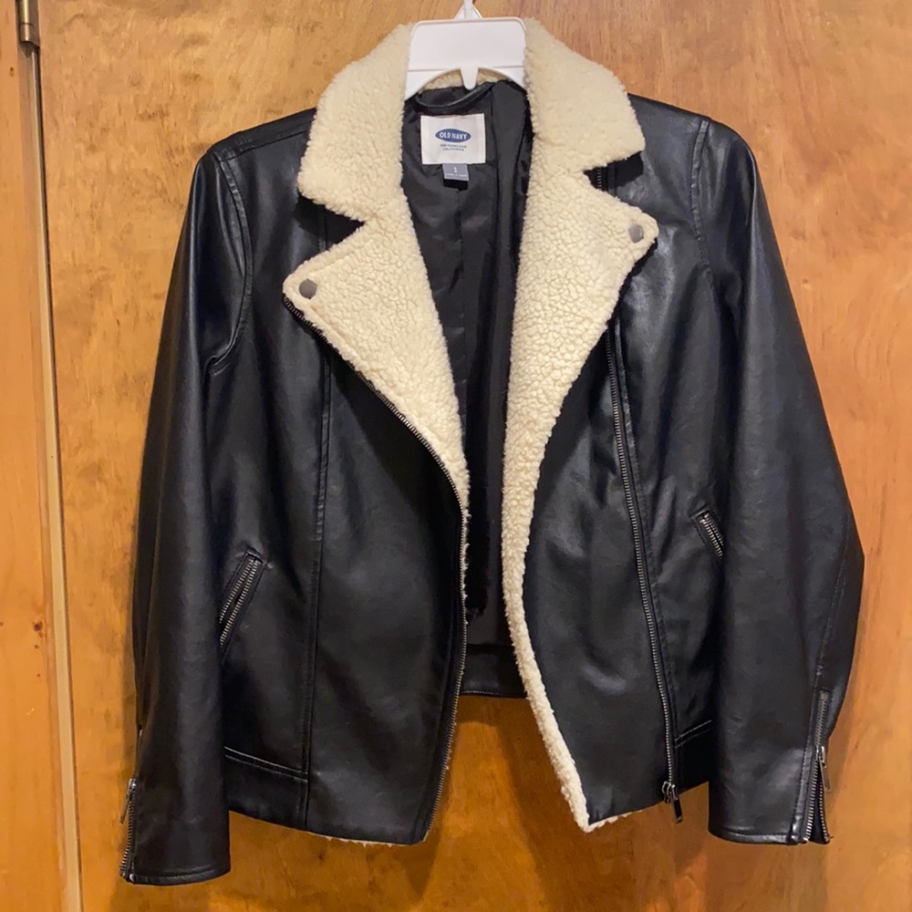 Old Navy leather moto jacket with shearling trim